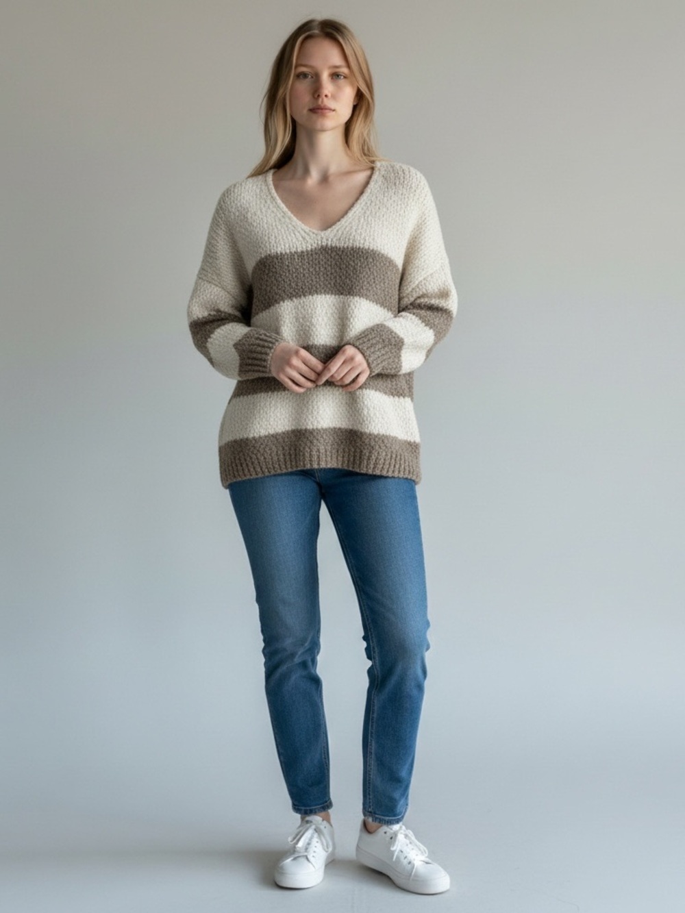 Altar'd State Cream & Taupe Striped V-Neck Sweater